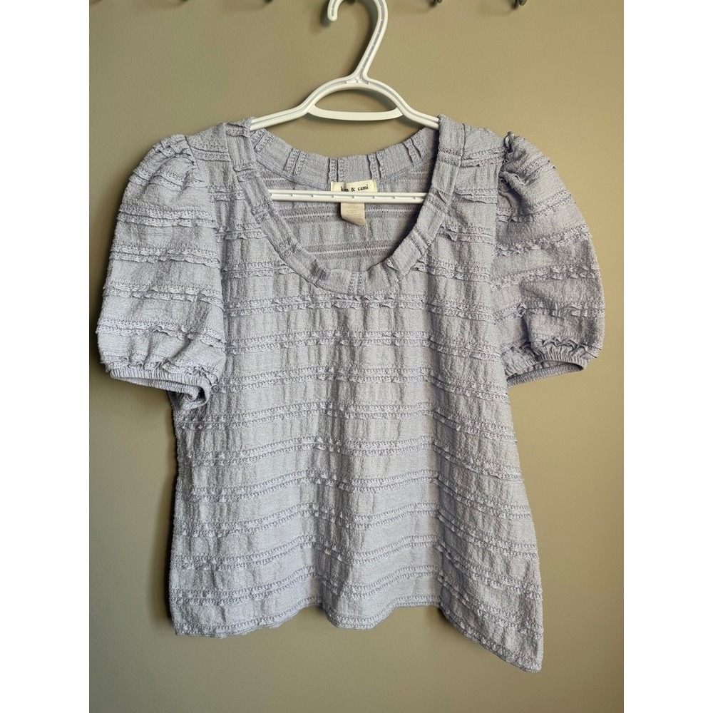 Kim & Cami Puff Sleeve Textured Ruffle Knit Top Large Lavender Blue Cottagecore